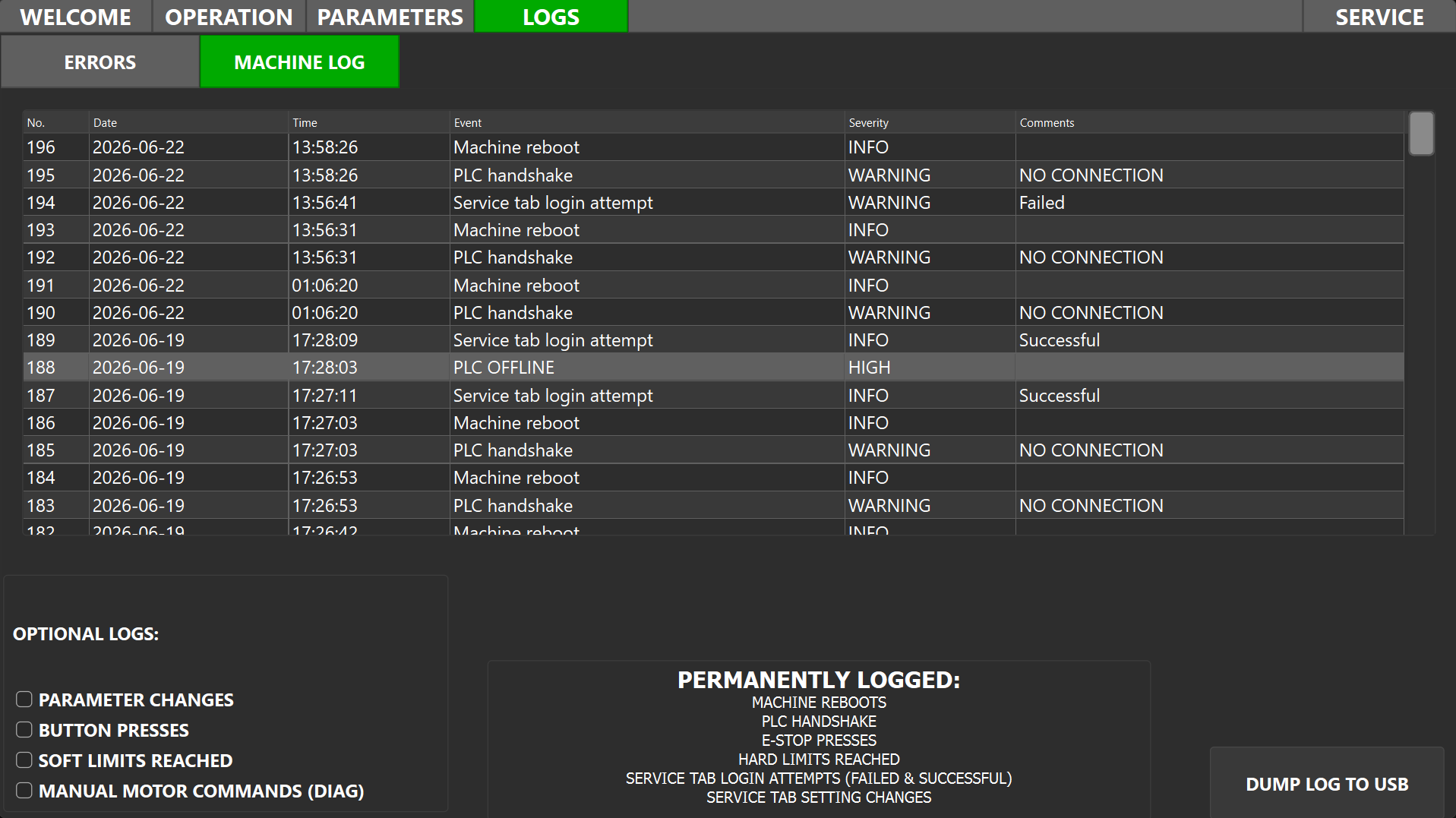 Machine Log Panel screenshot