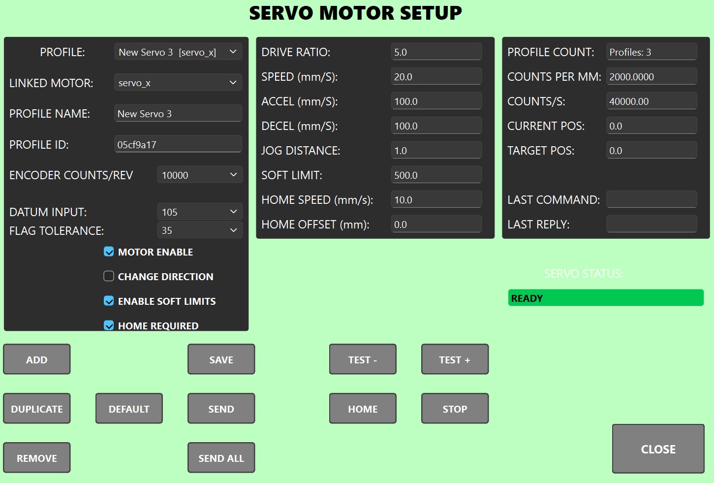 Servo Setup Panel screenshot